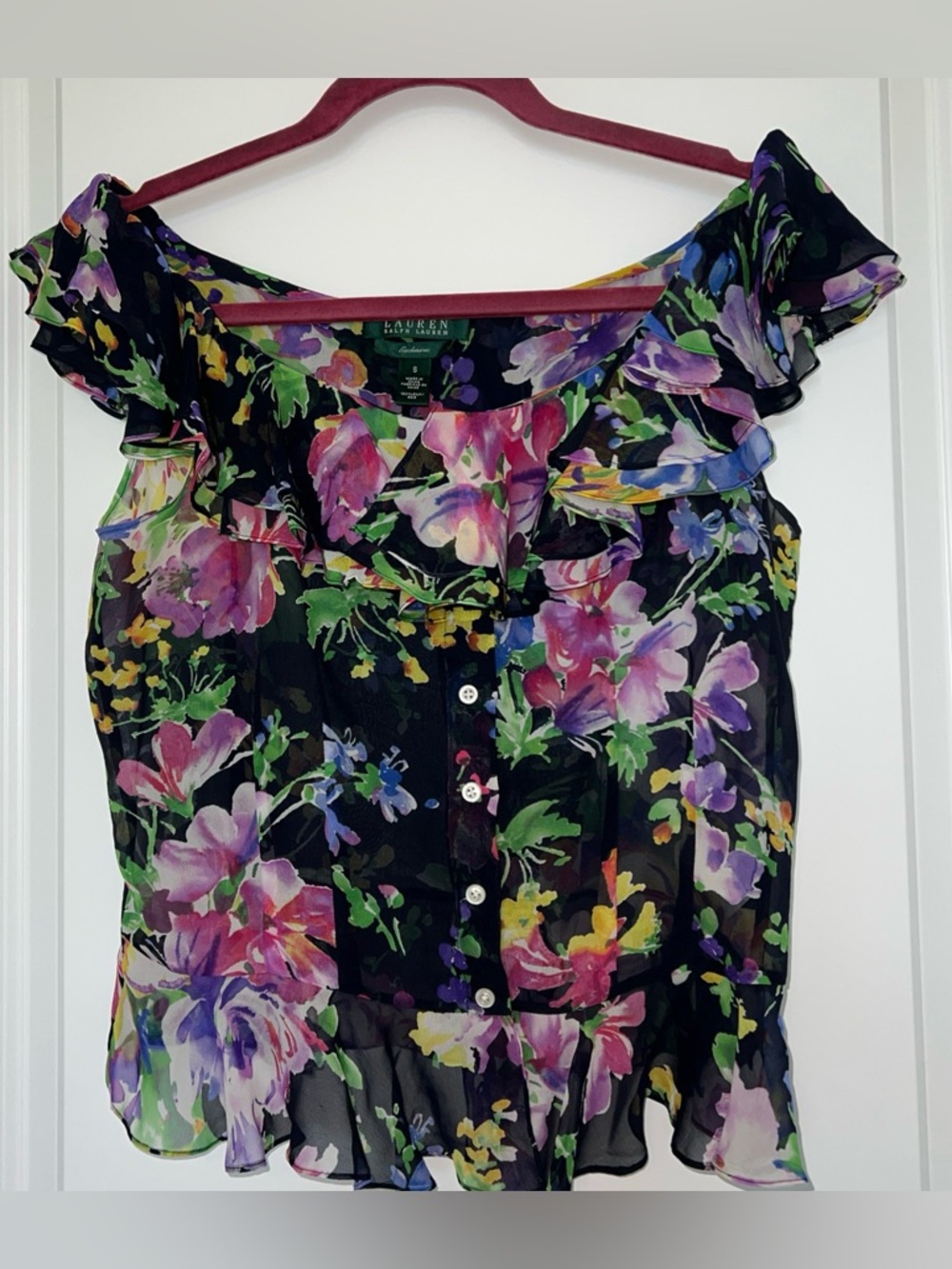 Ralph Lauren exclusive 100% silk Black Floral Ruffle Button-Front Top S GREAT